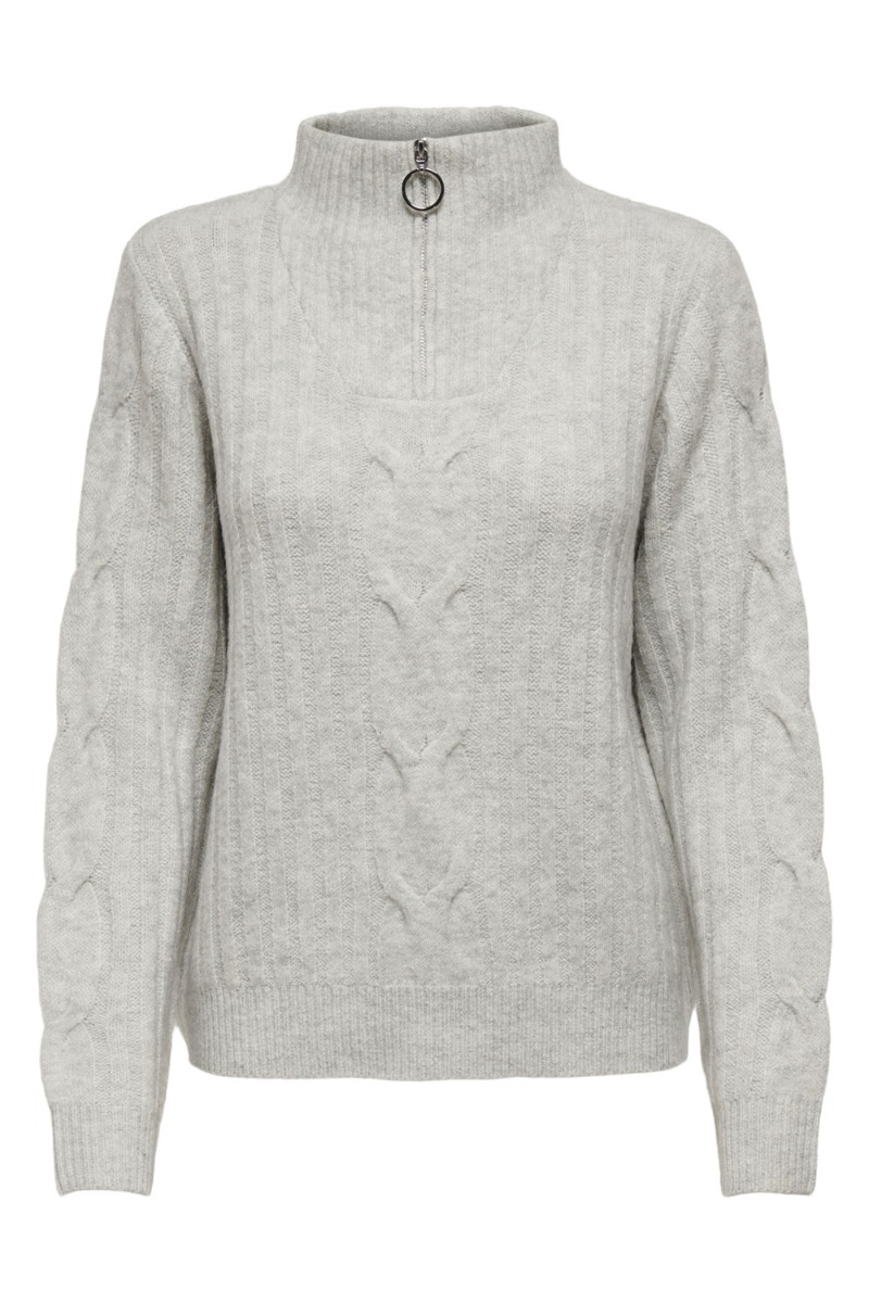 Strik   Andrea Ls Zip Cable Pullover Knit   Super Light Grey Melange fra Jdy